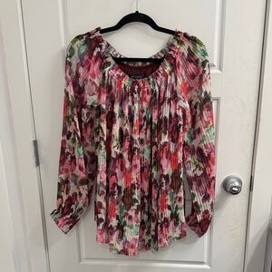 St. John Brigette Floral Print Georgette Pleated Blouse Medium